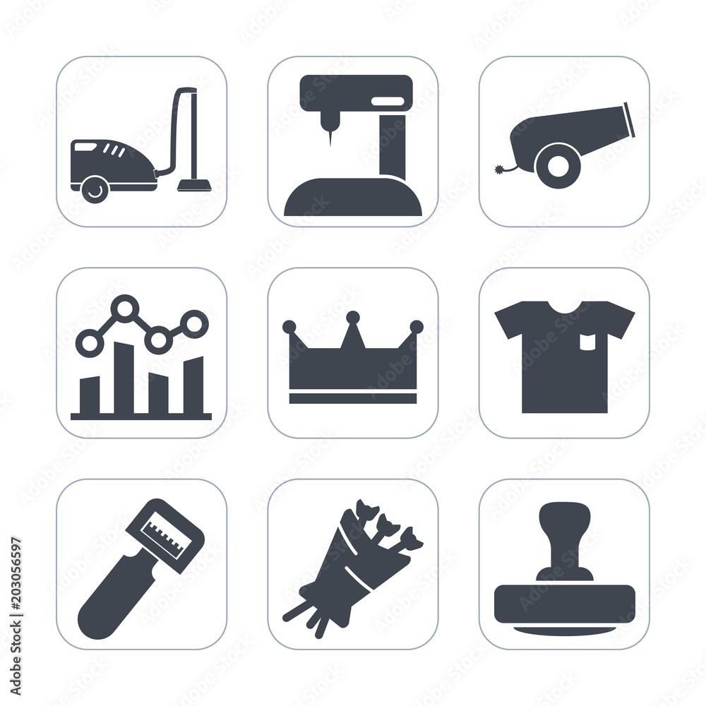 Premium fill icons set on white background . Such as tailor, floral, old, needle, home, fashion, stamp, sew, potato, cleaner, equipment, vacuum, tool, graph, industry, cannon, finance, vegetable, king
