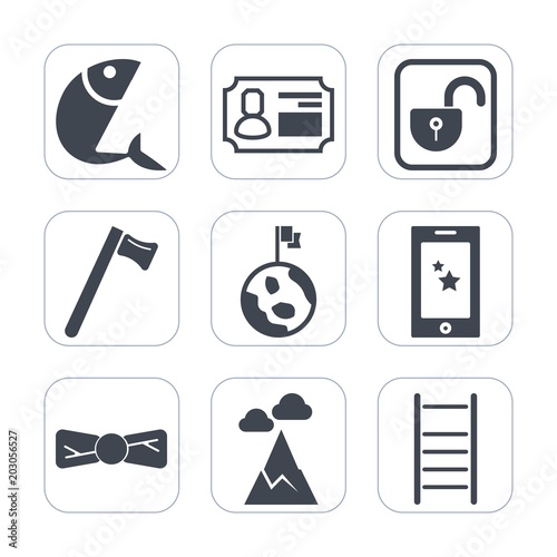Premium fill icons set on white background . Such as security, phone, tie, animal, identification, hammer, spanner, card, food, open, nature, fresh, ladder, identity, fishing, tool, mobile, landscape