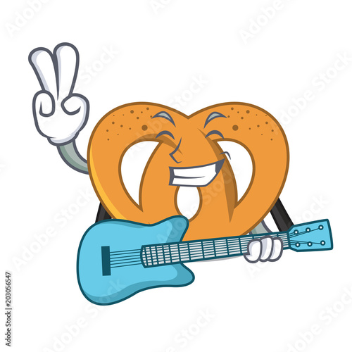 With guitar pretzel mascot cartoon style