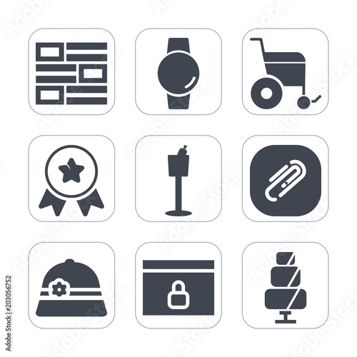 Premium fill icons set on white background . Such as holder, communication, lock, wine, handicap, restaurant, place, touch, accessibility, disability, technology, internet, paperclip, watch, news, hat