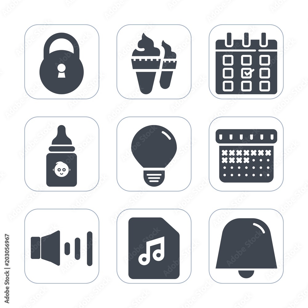 Premium fill icons set on white background . Such as food, electricity, ice, white, light, childhood, bottle, power, calendar, lock, safety, cone, security, schedule, energy, healthy, kid, dessert Premium fill icons set on white background . Such as food, electricity, ice, white, light, childhood, bottle, power, calendar, lock, safety, cone, security, schedule, energy, healthy, kid, dessert