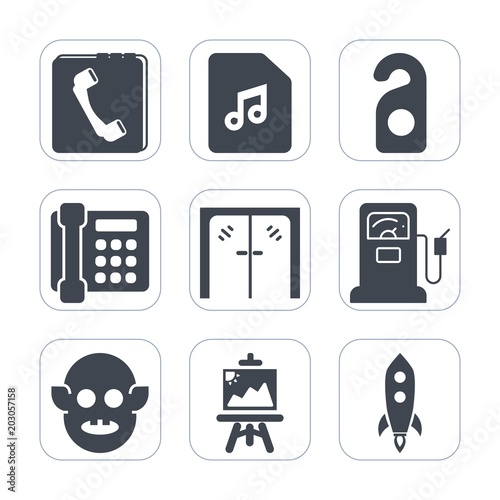 Premium fill icons set on white background . Such as modern, book, launch, graphic, entrance, alien, service, pump, quiet, sound, note, drawing, architecture, music, privacy, artist, hotel, melody