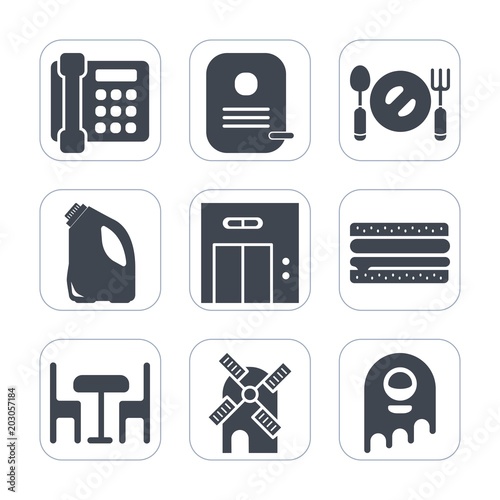 Premium fill icons set on white background . Such as spoon, id, elevator, plate, mobile, business, snack, restaurant, fiction, kitchen, wind, burger, office, container, food, power, mill, sandwich