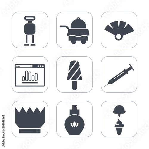 Premium fill icons set on white background . Such as crown, sensu, bed, king, cyborg, technology, royal, android, equipment, business, queen, fashion, website, room, analytics, food, hotel, breakfast