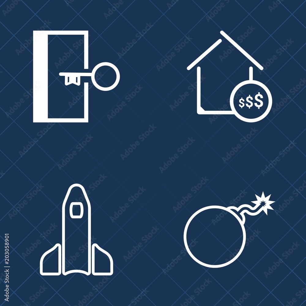 Premium set of outline vector icons. Such as war, weapon, residential, price, housing, fire, door, bomb, explosion, technology, white, rocket, destruction, space, danger, estate, security, home, sign