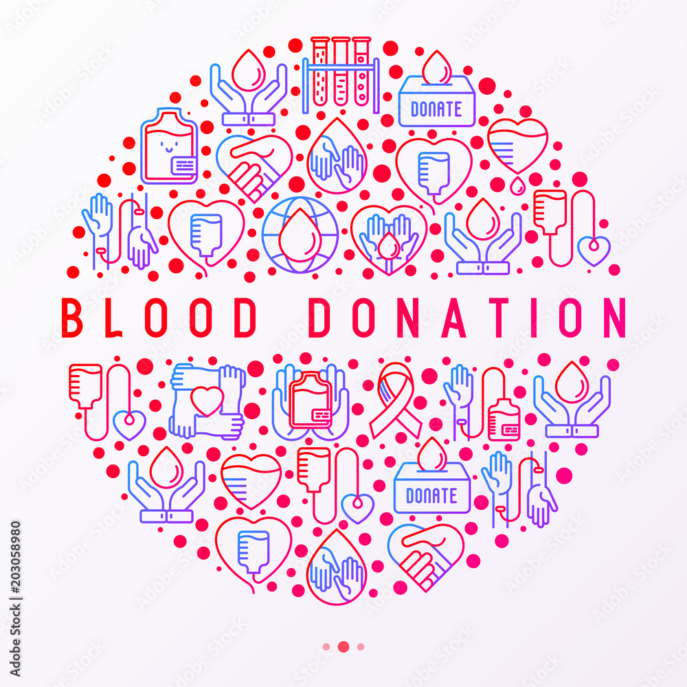 Blood donation, charity, mutual aid concept in circle with thin line icons. Symbols of blood transfusion, medical help and volunteers. Modern vector illustration, print media for World donor's day.