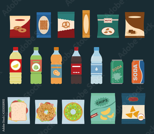 Fast food snacks and drinks flat icons. Vending machine with chip. Vector illustration