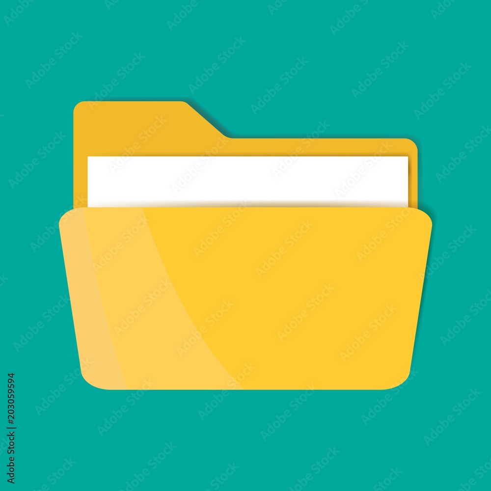 Yellow folder icon with a sheet of paper. Vector folder icon