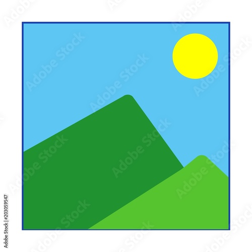 Picture vector icon. Landscape illustration with mountains, sky and sun