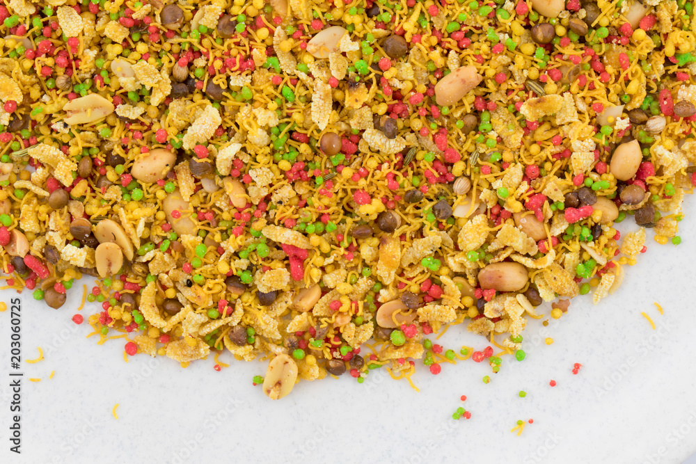 Indian Namkeen Food Navratan Mixture or Navratna Mix Namkeen Also Know As Nimco, Namkin, Mixture or Nimko Isolated on White Background