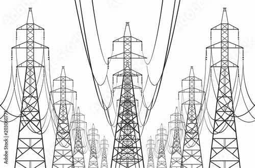 Electric power lines on white background