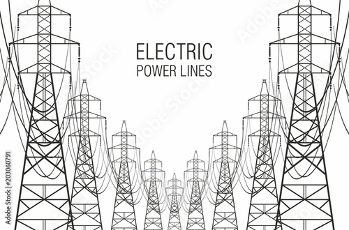 Electric power lines on white background