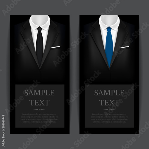 Realistic Detailed 3d Black Suit and Tuxedo Banner Vecrtical Set. Vector