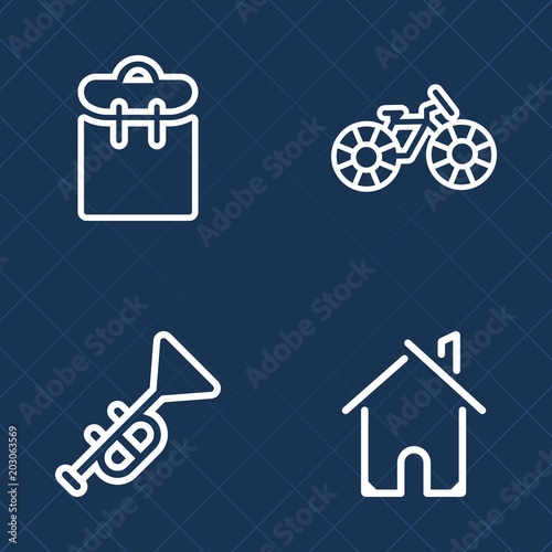 Premium set of outline vector icons. Such as property, transportation, trumpet, woman, sport, instrument, music, trip, road, mobile, estate, bike, jazz, modern, construction, person, building, bugle