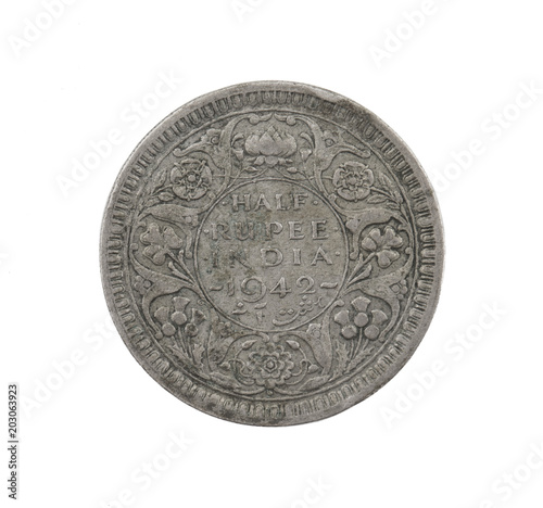 George VI King Emperor, Half Rupee India 1942, Indian old Coin or Indian Currency Isolated on White Background