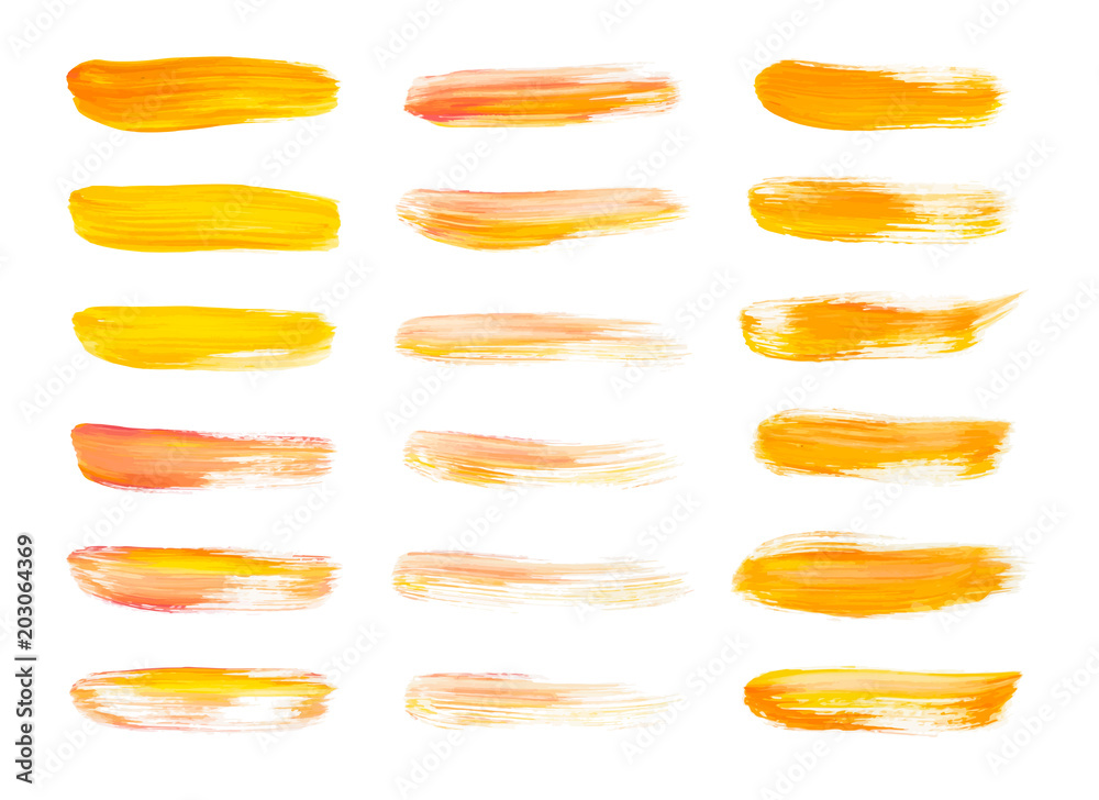 Vector red and gold paint smear stroke stain set. Abstract gold glittering textured art illustration. Gold Texture Paint Stain Illustration. Hand drawn brush strokes vector elements. Color of Spain.