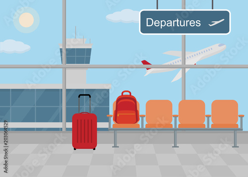 Background of hall at airport. Waiting room with chairs, information panel and luggage. Flat style, vector illustration. 
