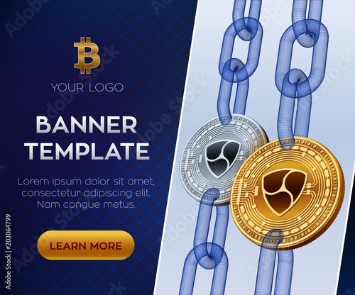 Crypto currency editable banner template. Nem. 3D isometric Physical bit coin. Golden and silver Nem coins with wireframe chain. Block chain concept. Stock vector illustration.