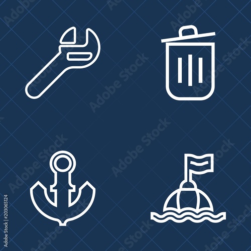 Premium set of outline vector icons. Such as spanner, bin, ship, container, tool, work, garbage, float, vessel, life, ecology, can, waste, safety, maintenance, industry, marine, blue, environment, sea photo