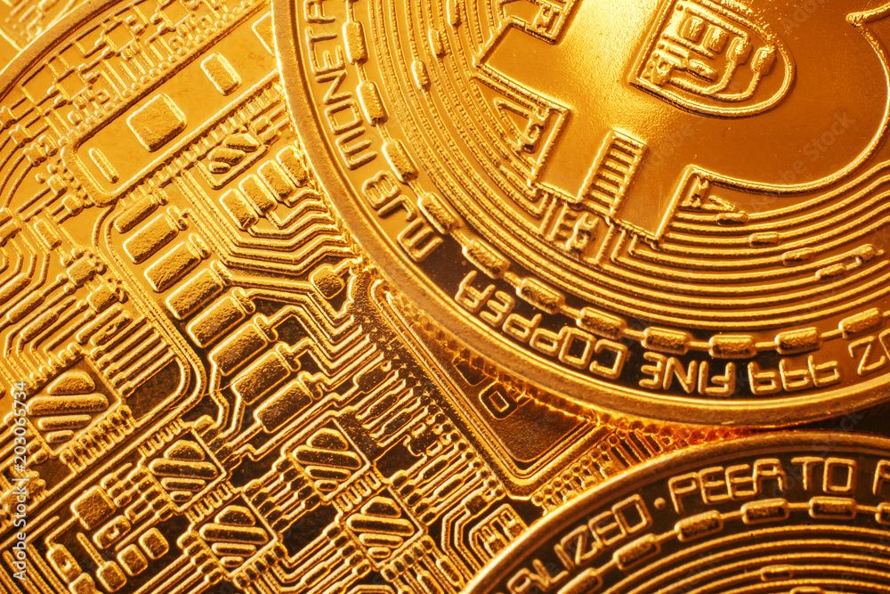 shiny golden bitcoins pattern, gold money wallpaper. digital currency, bit coin close up, cryptocurrency concept.space for text, digital money investment. technology  network currency