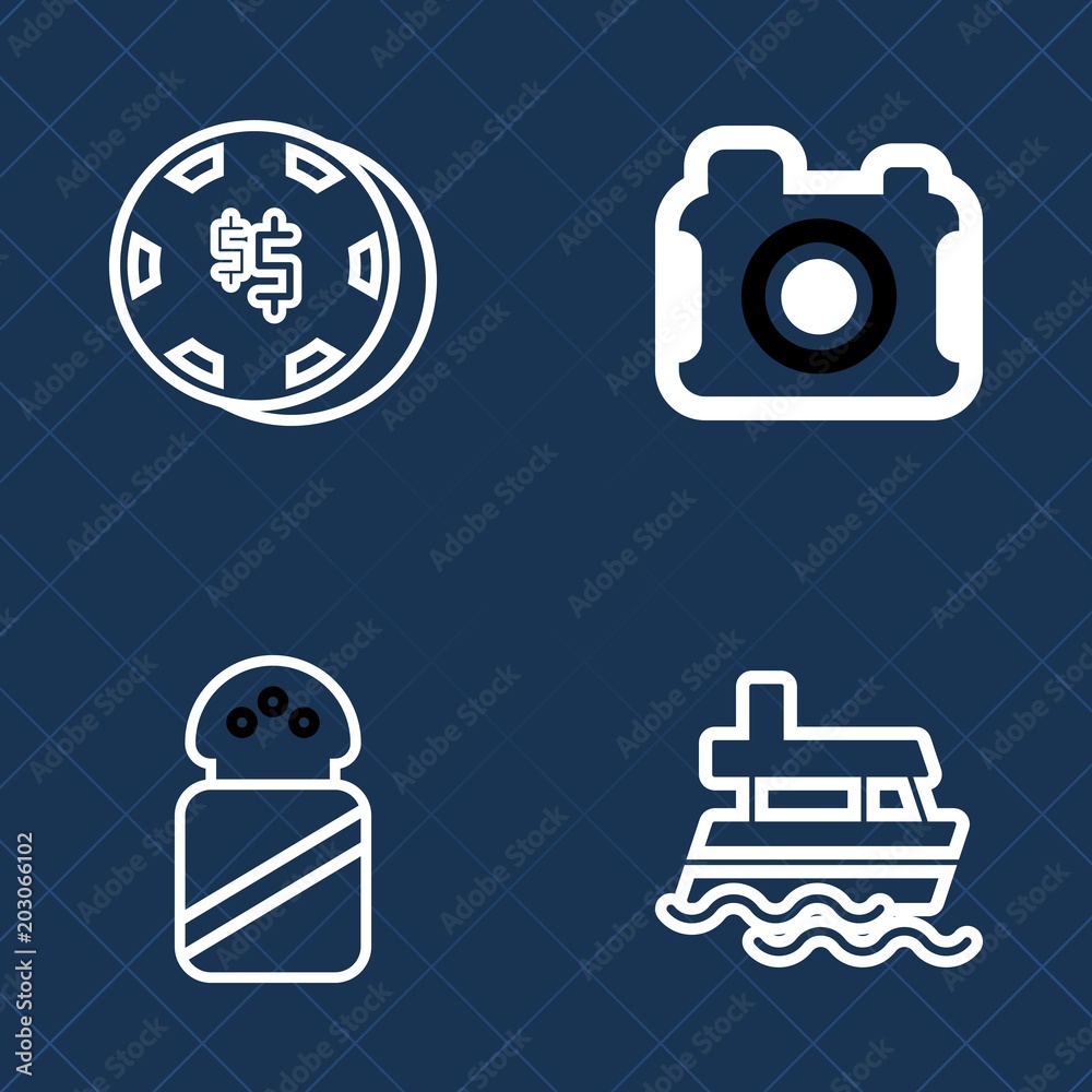 Obraz premium Premium set of outline vector icons. Such as transport, heap, ship, marine, salt, game, photographer, bet, equipment, film, risk, vessel, picture, technology, camera, ingredient, white, salty, vegas