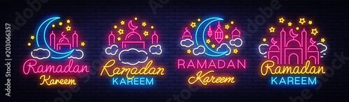 Ramadan Kareem collection neon signs. Ramadan Kareem vector banner in neon style, night bright signboard, celebration of Muslim community festival, islamic greeting design, greeting card, advertising