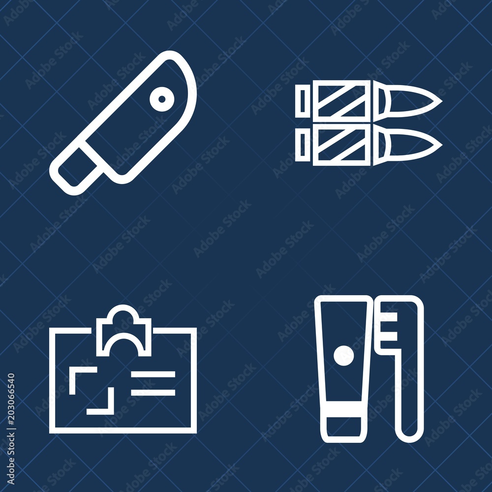 Premium set of outline vector icons. Such as axe, bullet, cartridge, name,  dental, steel, tool, rifle, health, personal, blade, toothpaste, care,  cook, ammo, knife, brush, war, food, military, cooking Stock Vector