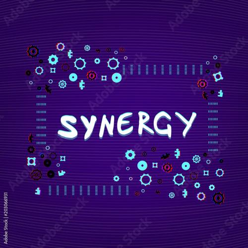 Synergy handwritten phrase on dark background. Vector illustration.