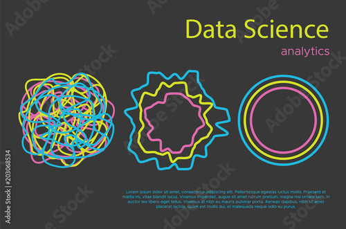 Big data science vector illustration. Machine learning algorithm for information filter and anaytic in flat doodle style