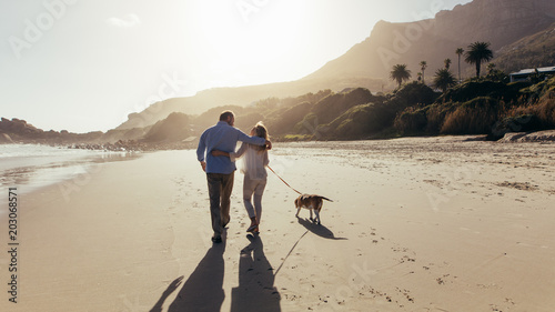 Mature couple strolling along the beach with dog