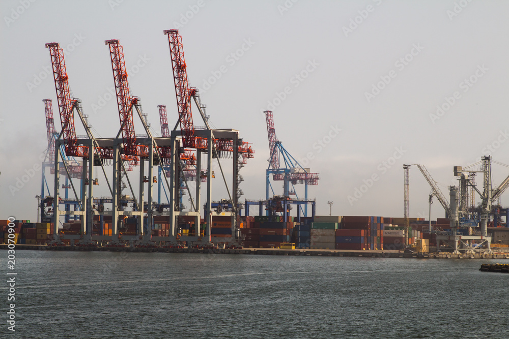 Panorama of the sea port cranes ships
