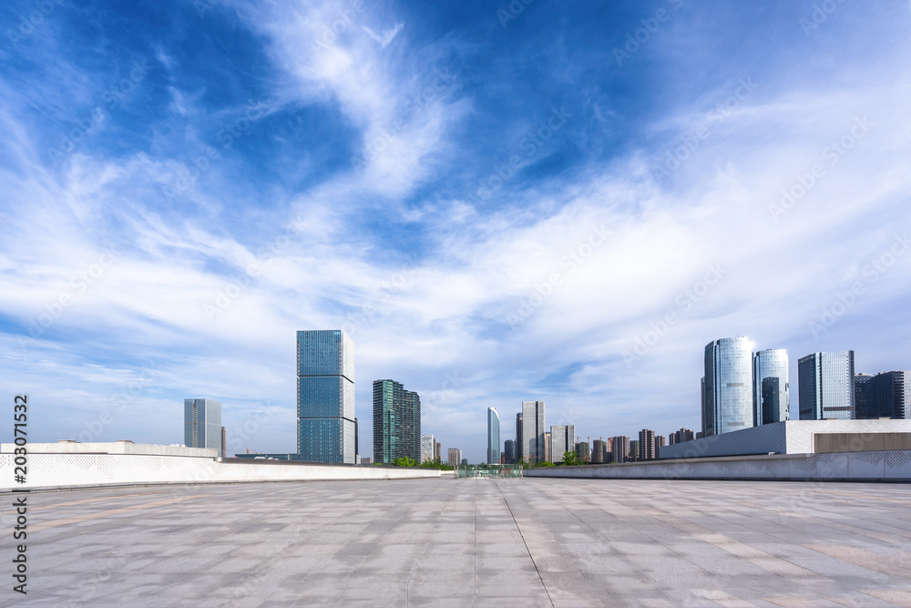 empty marble floor with city skyline empty marble floor with city skyline