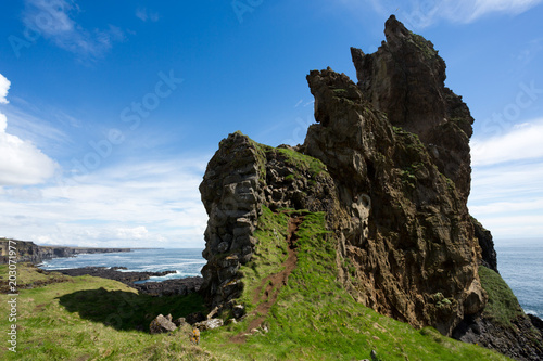 Snaefellsnes peninsula, Island, Lóndrangar basalt cliffs near Malarrifsviti lighthouse