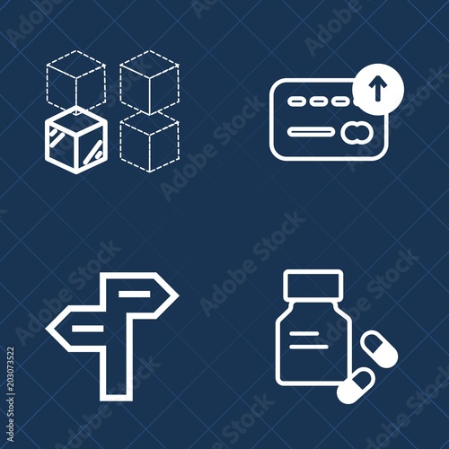 Premium set of outline vector icons. Such as moving, arrow, pill, package, estate, street, medication, box, drug, concept, pharmacy, medicine, choice, vitamin, solution, coin, bank, business, currency