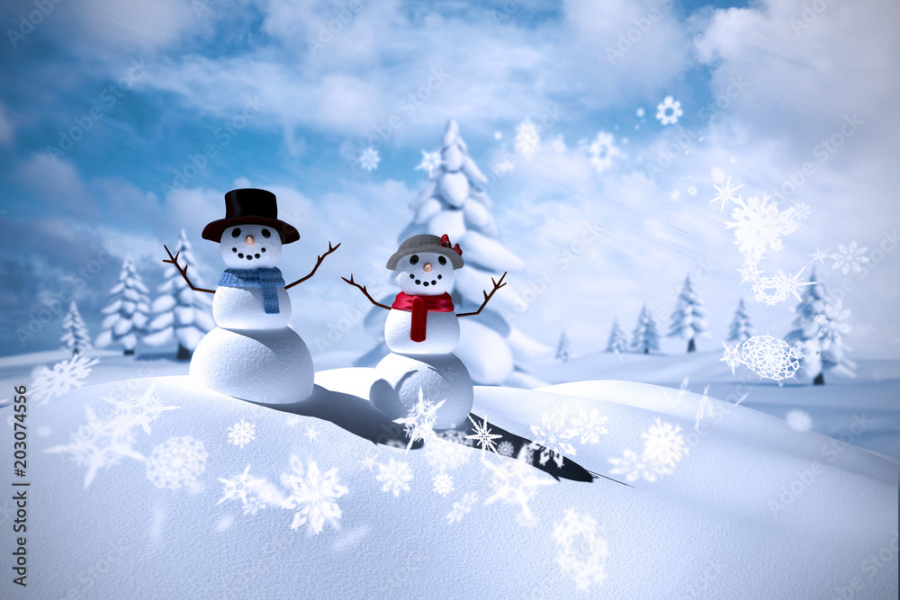 Obraz premium Composite image of snowman family against blue sky with white clouds