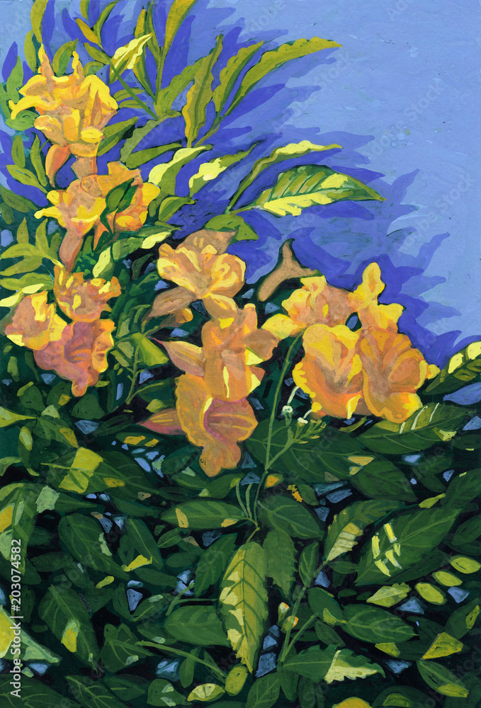 hand paint yellow flower bush on blue background