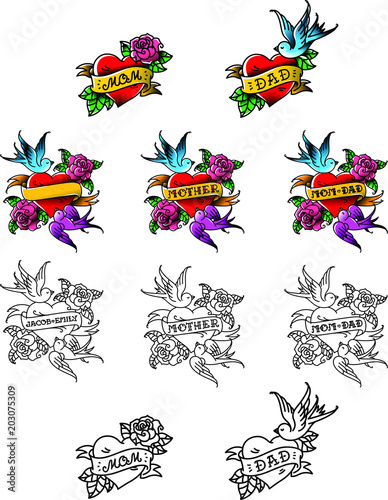 A set of congratulatory tattoos for mom and dad. Heart with birds and flowers. Recognition of love for parents. Templates for tattoos for names. Vector illustration. American old school.