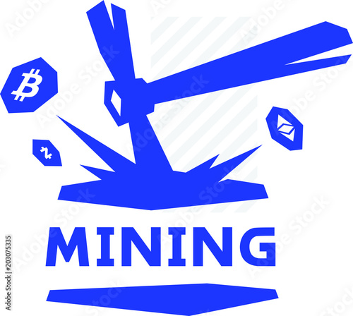Mining logo, bitcoin mining. Metal pickax extracting crypto currency. Vector logo. Logo for company isolated on white background. Brand of the company. Emblem on the miners.