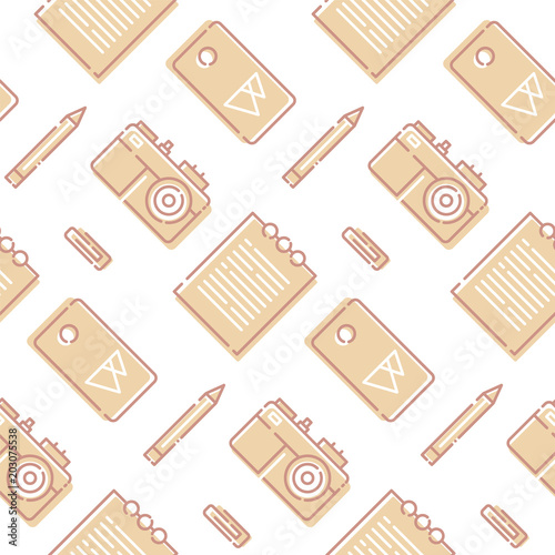 Social media seamless pattern with thin isometric icons: of mobile phone, photo camera pencil, email.
