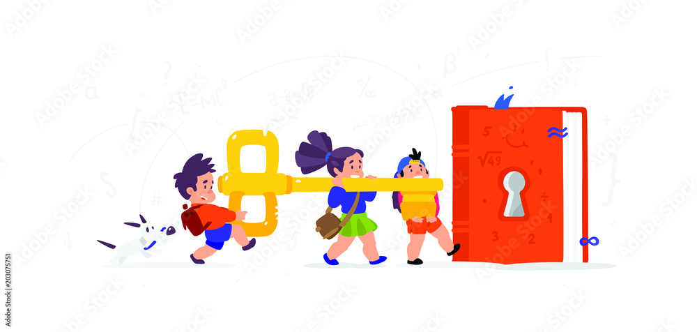 Illustration of cartoon children. Vector flat illustration. Children open a book, knowledge. Children's Library. The key to new knowledge. Image is isolated on white background. Characters for the boo