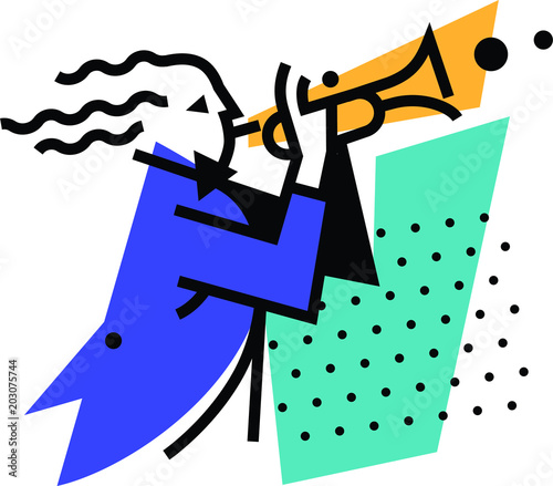 Illustration of a musician trumpeter. Logo playing on the pipe. Vector icon. Logo for jazz cafe, ensemble and orchestra of wind instruments. Character for musicians and companies. Mascot.
