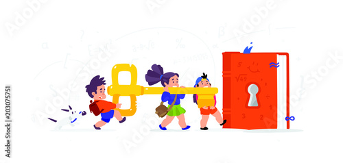 Illustration of cartoon children. Vector flat illustration. Children open a book, knowledge. Children's Library. The key to new knowledge. Image is isolated on white background. Characters for the boo