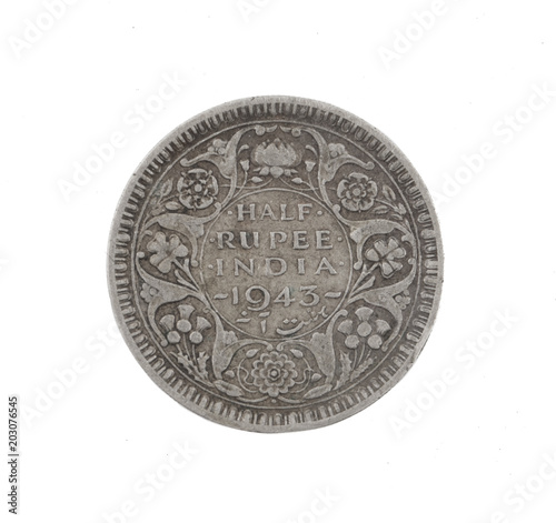 George VI King Emperor, Half Rupee India 1943, Indian old Coin or Indian Currency Isolated on White Background