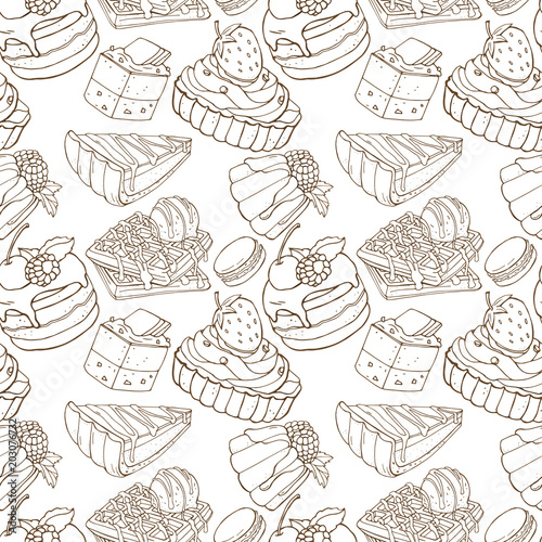 Seamless pattern with delicious desserts. Stylish, monochrome sweets with berries and icing on white background. Vector illustration in sketch style.
