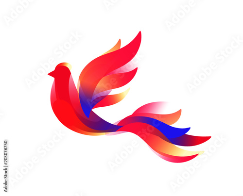 Logo of a bird. A fabulous bird. Vector image in a flat style on a white background. Pink birdie symbol of the company. Brand name, emblem for the store. Cosmetics, yoga studio. Feathered creature. © ae