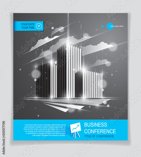 Office building brochure, modern architecture vector flyer with blurred lights and glares effect. Real estate business center grey design. 3D futuristic facade business conference print template.