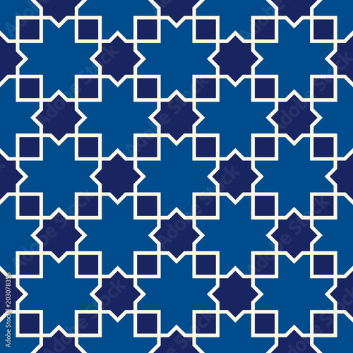 Seamless arabic ornament. Moroccan stars and crosses motif. Arabesque traditional pattern with mosaic tile.