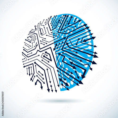 Vector microchip design, cpu. Information communication technology element, circuit board in round shape with arrows.