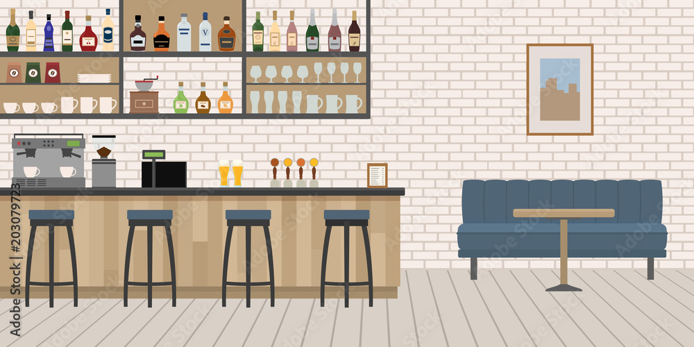 Empty Cafe Bar interior with wooden counter, chairs and equipment. Flat design vector illustration.
