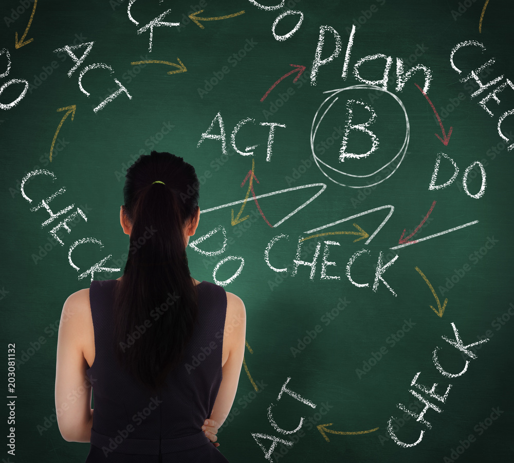 Standing businesswoman against green chalkboard with business buzzwords Standing businesswoman against green chalkboard with business buzzwords